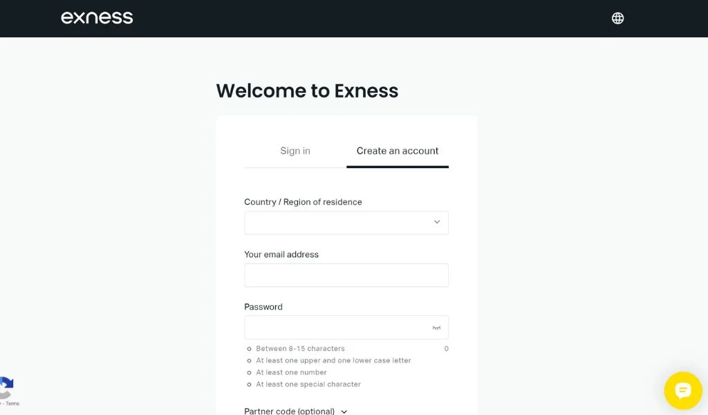 Exness खाता खोलने का इंटरफ़ेस